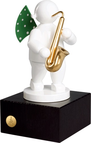 Grünhainichen White Timbre Angel with Saxophone, small pedestal