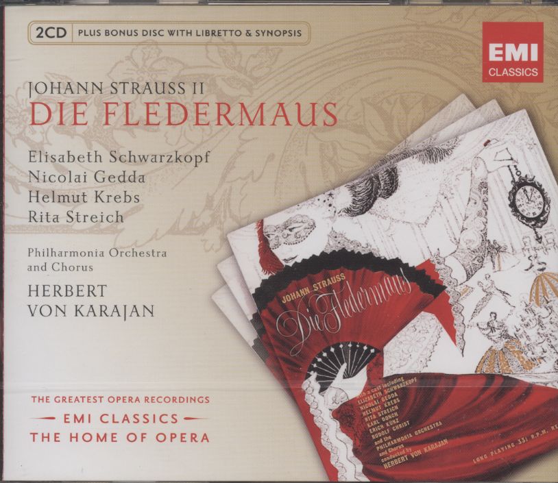 Johann Strauss II / Die Fledermaus (Lepakko) / Elisabeth Schwarzkopf / Rita Streich / Nicolai Gedda / Philharmonia Orchestra and Chorus / Herbert von Karajan